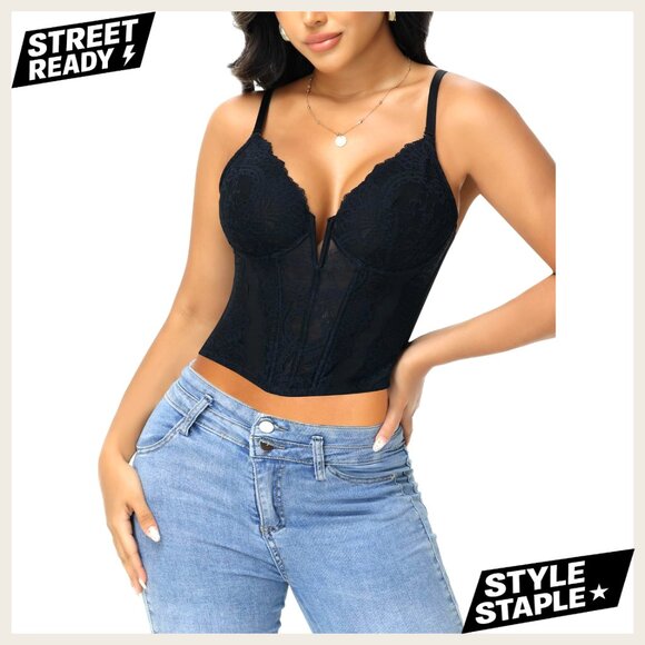 Sexy Lace Bustier Corset Top Underwired V-Neck Crop Club Date Night